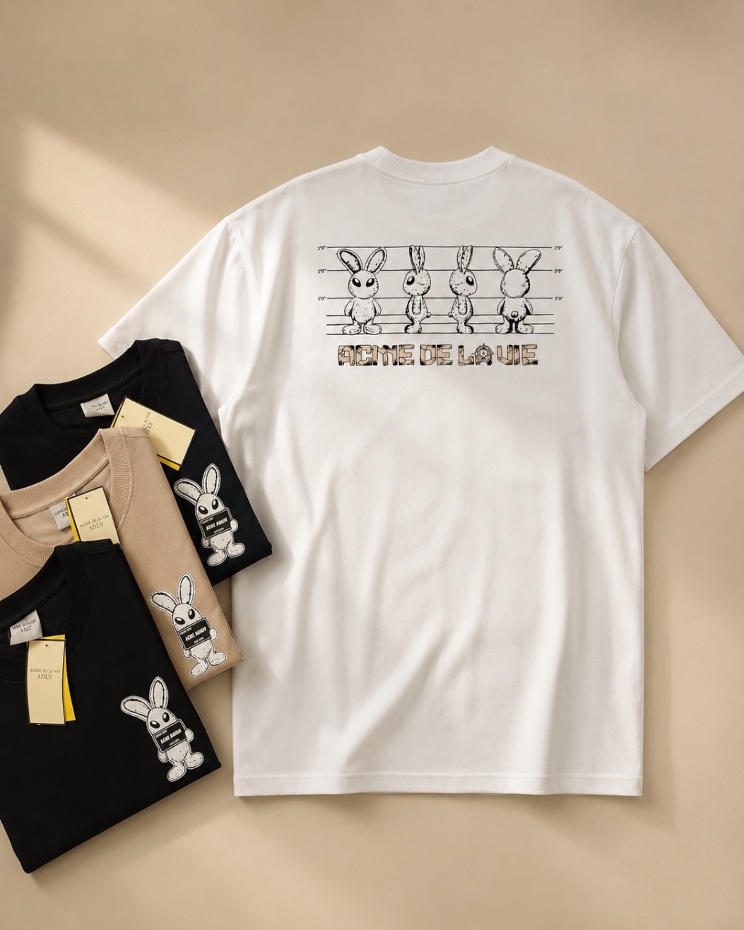 White cotton tee with a fine-line screen-printed back graphic