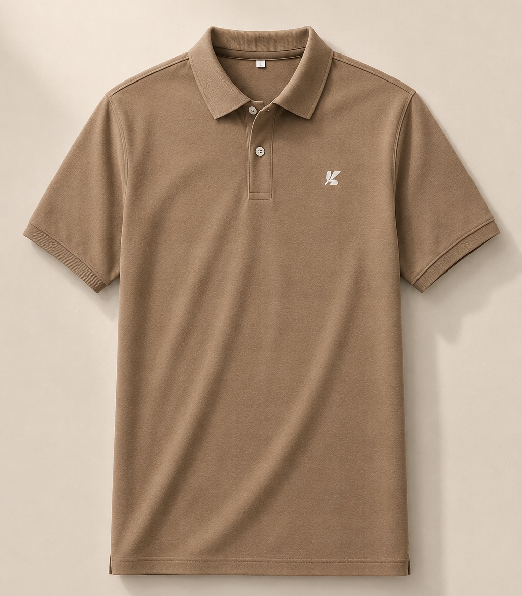 Custom taupe piqué polo with embroidered chest logo