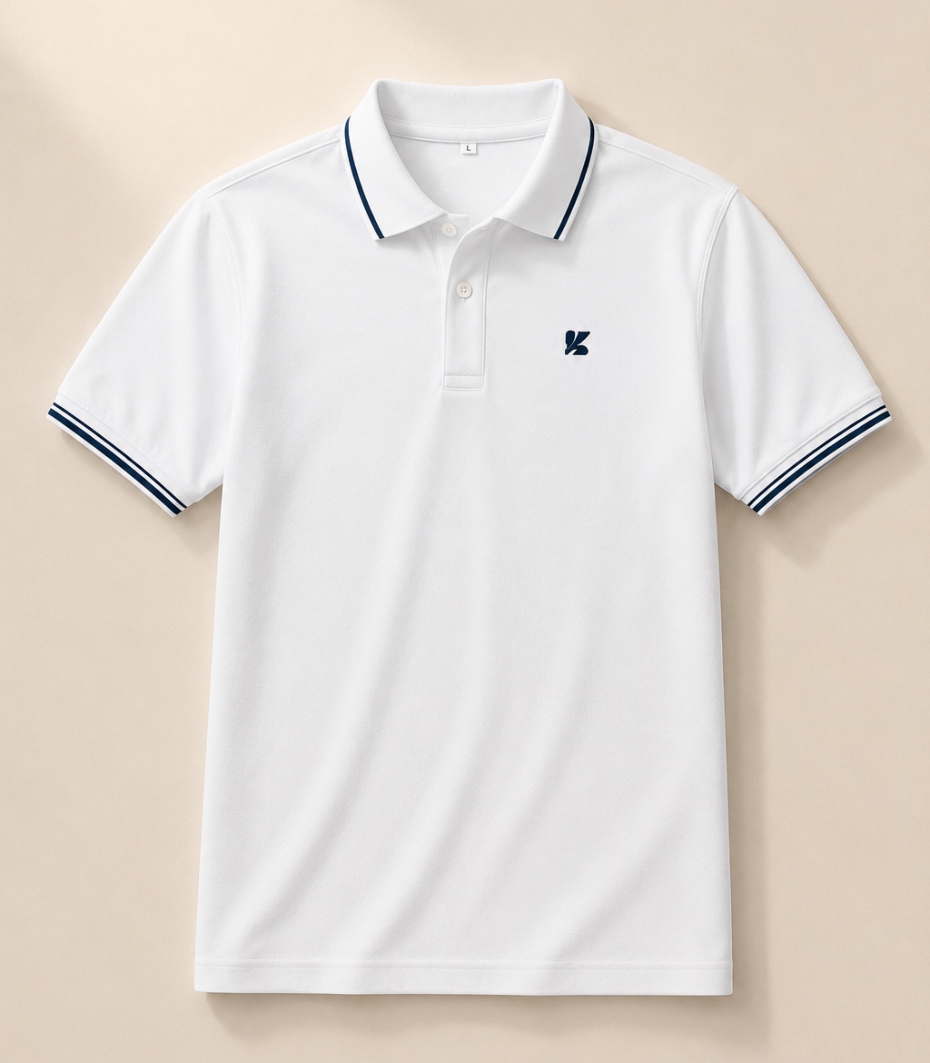 Custom white polo with navy tipped collar and cuffs